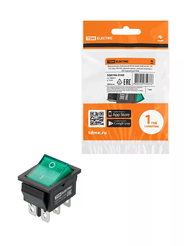 Выключатель клавишный KCD4-202N 250В AC/DC, 2P, 15А, (6с), ON-ON, черный корпус, зеленая клавиша с LED подсветкой TDM
