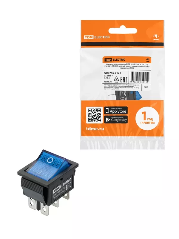 Выключатель клавишный KCD4-202N 250В AC/DC, 2P, 15А, (6с), ON-ON, черный корпус, синяя клавиша с LED подсветкой TDM