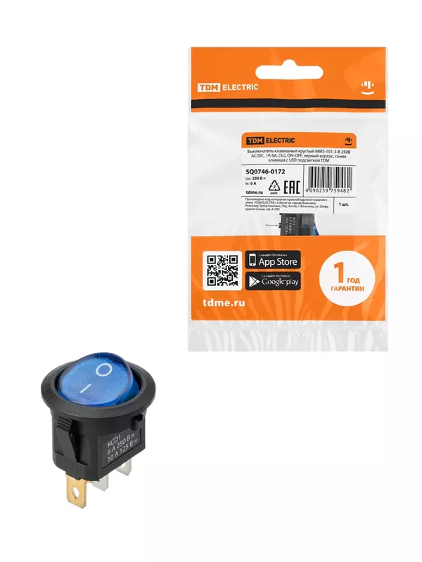 Выключатель клавишный круглый MIRS-101-3-B 250В AC/DC, 1P, 6А, (3с), ON-OFF, черный корпус, синяя клавиша с LED подсветкой TDM