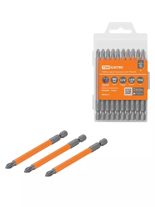 Набор бит PH2x90, односторонних, сталь CrV, Е 1/4", 10 шт., «Гранит» TDM