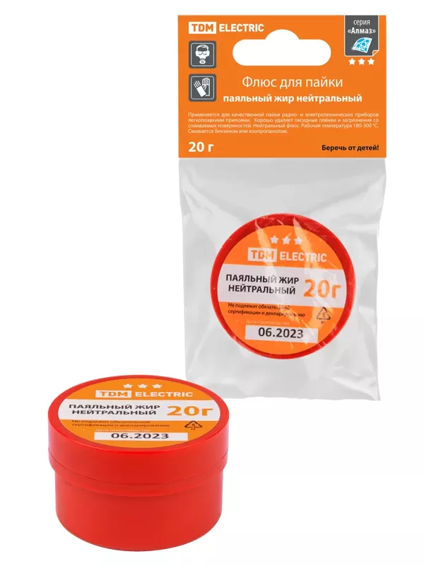 Флюс для пайки, паяльный жир нейтральный, 20 г, банка, инд. упаковка, серия "Алмаз" TDM