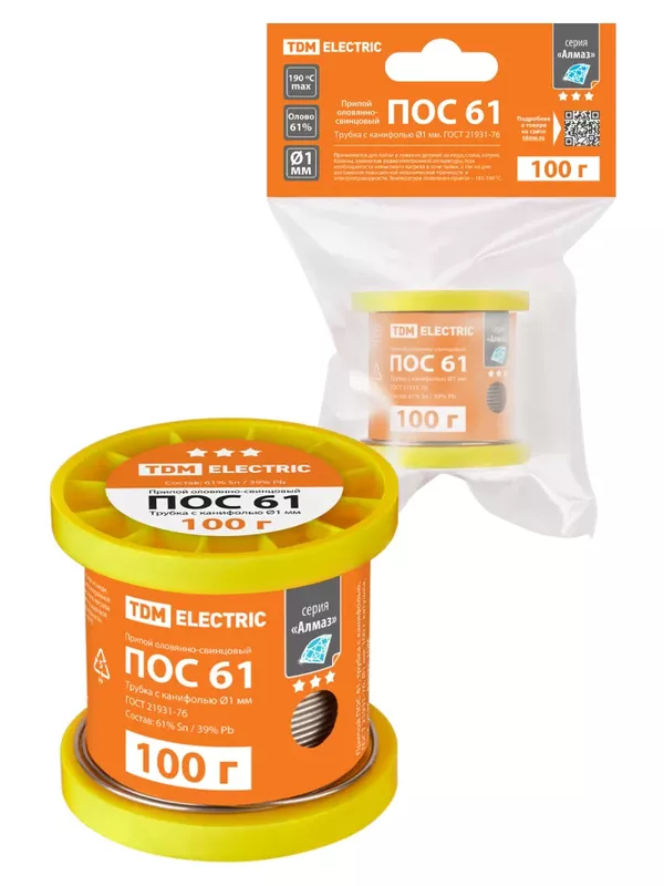 Припой ПОС 61, трубка с канифолью, ГОСТ 21931-76, Ø1 мм, 100 г, катушка, инд. упак., "Алмаз" TDM