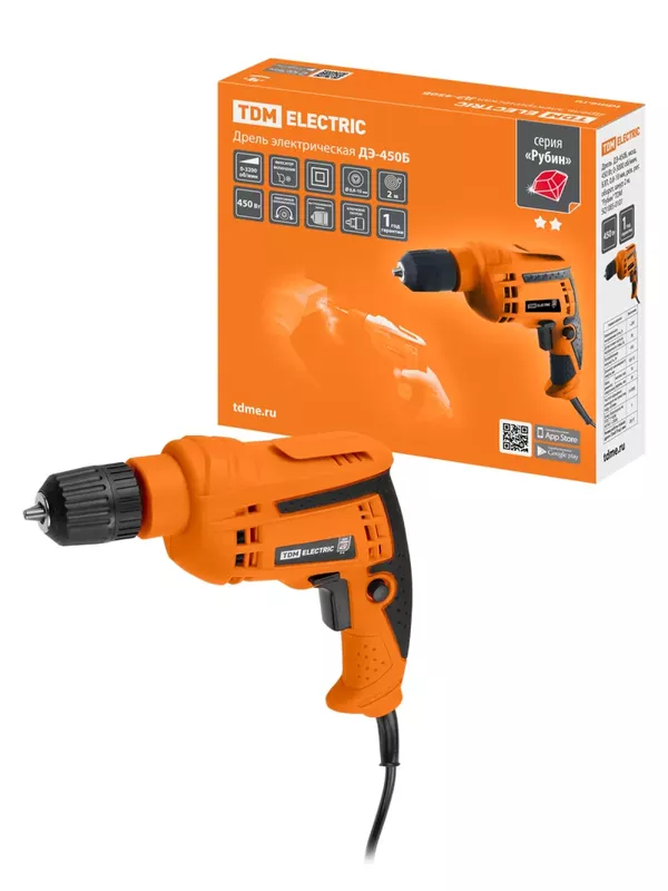 Дрель  ДЭ-450Б, мощ. 450 Вт, 0-3000 об/мин, БЗП, 0,8-10 мм, рев. рег. оборот, шнур 2 м, "Рубин" TDM