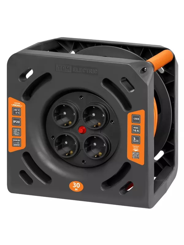 Удлинитель силовой на катушке ЛЮКС УКз16-004 (4 места/30м ПВС 3х1,5) TDM УС1-43131 (УС1 430 1101)