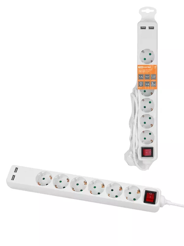 Удлинитель бытовой  У06В-USB 6 гнезд, 2USB 2,4А, 1,5 м, вык., з/к, ПВС 3х0,75мм2 10А/250В белый TDM