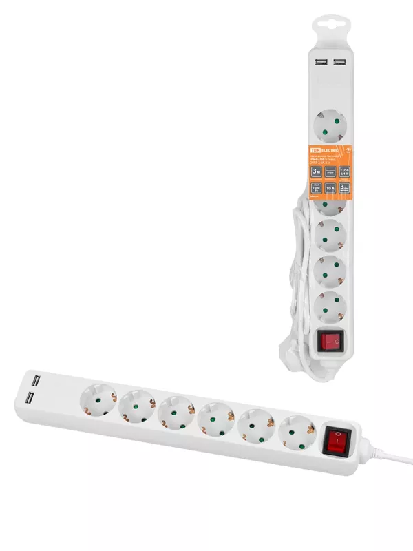 Удлинитель бытовой  У06В-USB 6 гнезд, 2USB 2,4А, 3 м, вык., з/к, ПВС 3х0,75мм2 10А/250В белый TDM