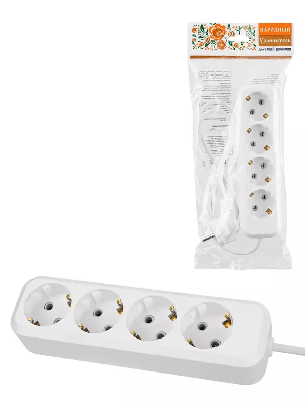 Удлинитель 4 гнезда, 3 метра, с/з, 10 А, 2300 Вт, белый, НАРОДНЫЙ У1-42050 (Ун1 420-0001)
