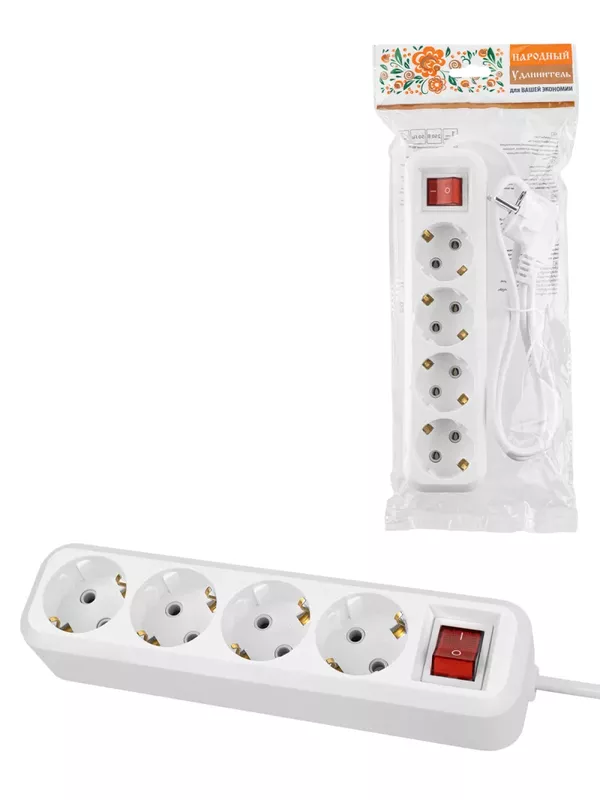 Удлинитель 4 гнезда, 3 метра, с/з, выкл., 10 А, 2300 Вт, белый, НАРОДНЫЙ У1-42056 (Ун1 421-0001)