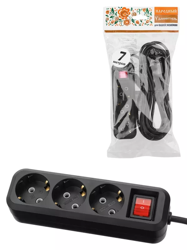 Удлинитель 3 гнезда, 7 метров, с/з, выкл., 10 А, 2300 Вт, черный, НАРОДНЫЙ У1-32055 (Ун1 321-0001)