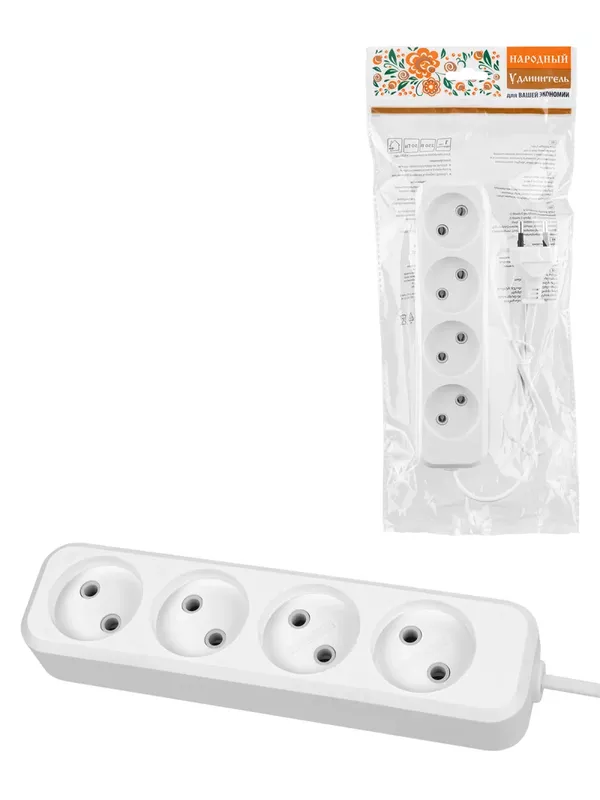 Удлинитель 4 гнезда, 10 метров, б/з, 10 А, 2300 Вт, белый, НАРОДНЫЙ У-42016 (Ун 420-0001)