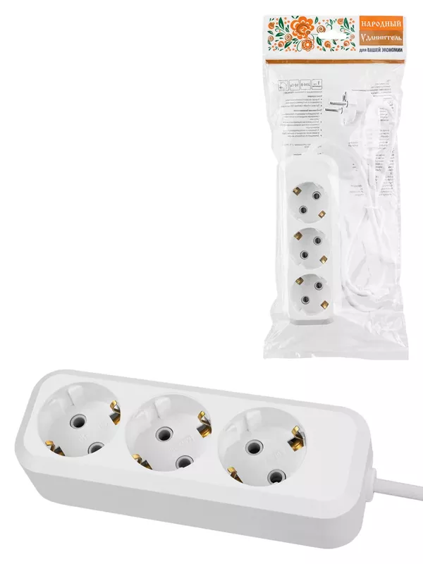 Удлинитель 3 гнезда, 10 метров, с/з, 16 А, 3680 Вт, белый, НАРОДНЫЙ У1-33052 (Ун1 330-0001)