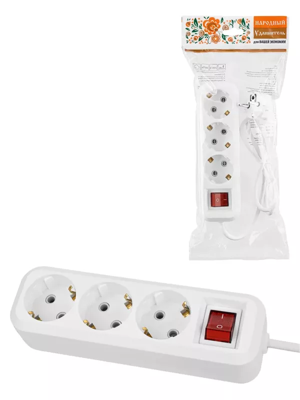 Удлинитель 3 гнезда, 5 метров, с/з, выкл., 16 А, 3680 Вт, белый, НАРОДНЫЙ У1-33058 (Ун1 331-0001)
