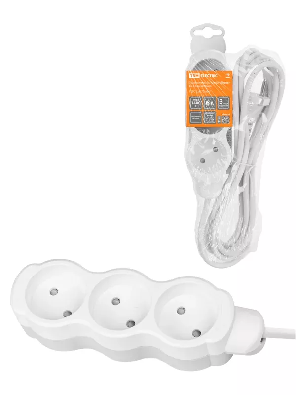 Удлинитель бытовой "Люкс" 3 гнезда, 3 м, б/з, с з/ш, ПВС 2х0,75 мм2, 6 А, 250 В, 1400 Вт TDM У-31012