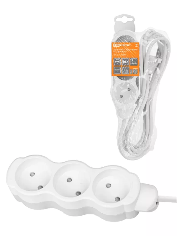 Удлинитель бытовой "Люкс" 3 гнезда, 10 м, б/з, с з/ш, ПВС 2х1,0 мм2, 10 А, 250 В, 2400 Вт TDM У-32015