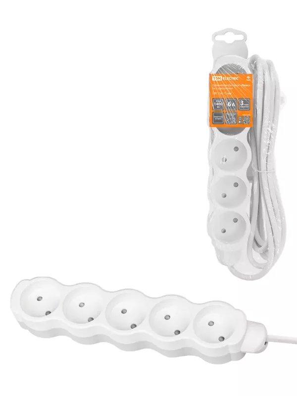 Удлинитель бытовой "Люкс" 5 гнезд, 5 м, б/з, с з/ш, ПВС 2х0,75 мм2, 6 А, 250 В, 1400 Вт TDM У-51014