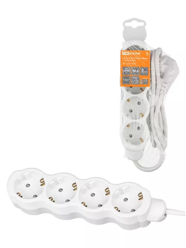 Удлинитель бытовой "Люкс" 4 гнезда, 2 м, с/з, с з/ш, ПВС 3х0,75 мм2, 10 А, 250 В, 2400 Вт TDM У1-42050