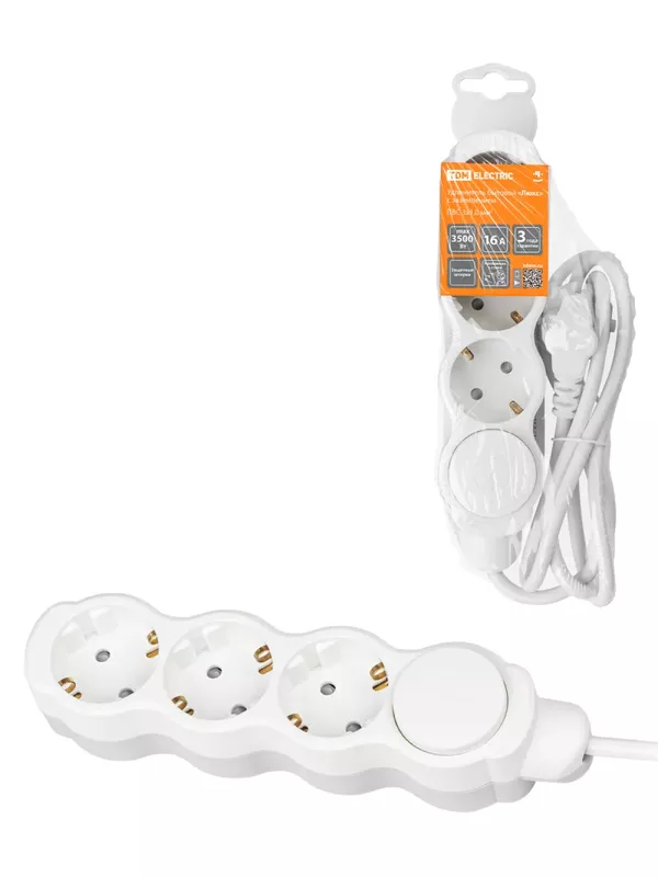 Удлинитель бытовой "Люкс" с выкл., 3 гнезда, 10 м, с/з, с з/ш, ПВС 3х1 мм2, 16 А, 250 В, 3500 Вт TDM У1-33058