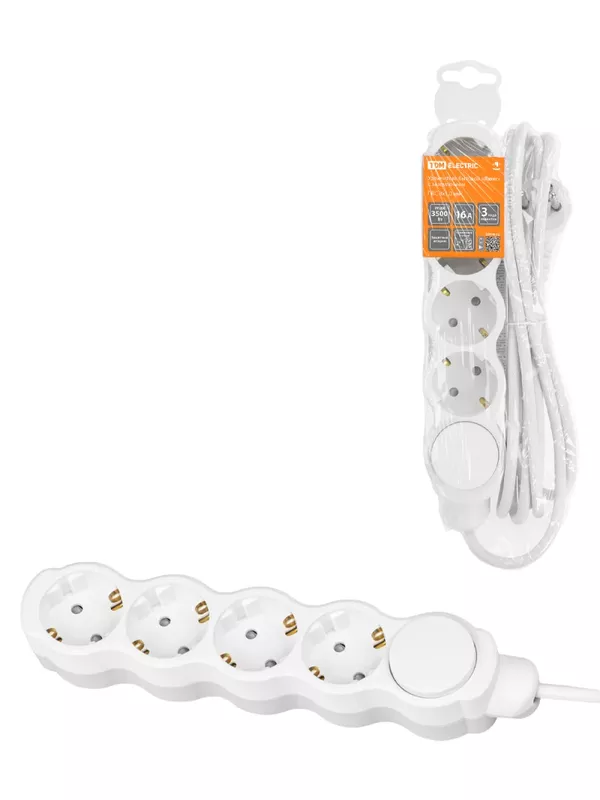 Удлинитель бытовой "Люкс" с выкл., 4 гнезда, 2 м, с/з, с з/ш, ПВС 3х1 мм2, 16 А, 250 В, 3500 Вт TDM У1-43059