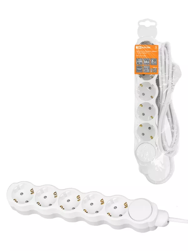 Удлинитель бытовой "Люкс" с выкл., 5 гнезд, 2 м, с/з, с з/ш, ПВС 3х1 мм2, 16 А, 250 В, 3500 Вт TDM У1-53060