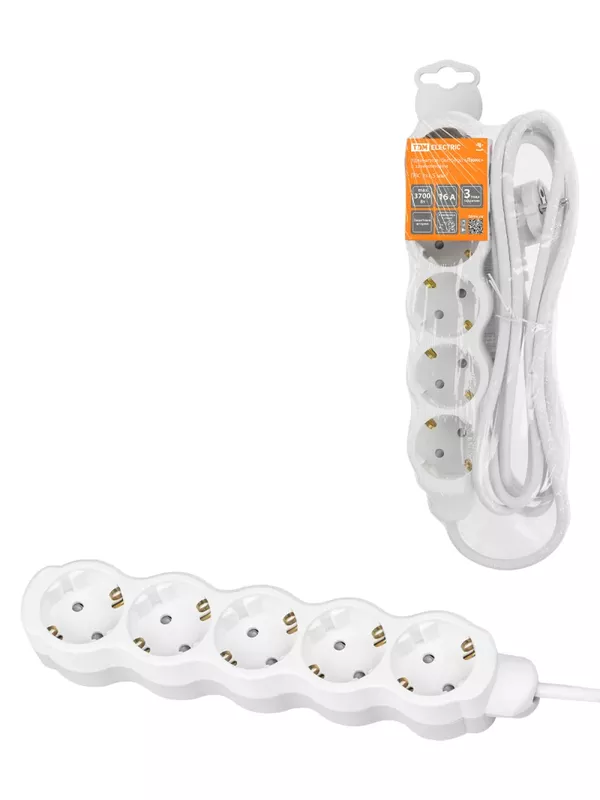 Удлинитель бытовой "Люкс" 5 гнезд, 5 м, с/з, с з/ш, ПВС 3х1,5 мм2, 16 А, 250 В, 3700 Вт TDM У1-63173