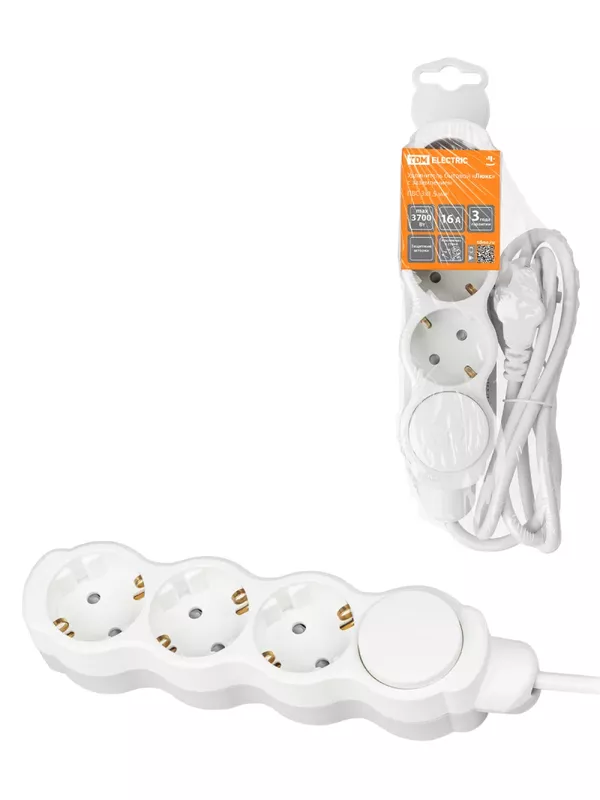 Удлинитель бытовой "Люкс" с выкл., 3 гнезда, 3 м, с/з, с з/ш, ПВС 3х1,5 мм2, 16 А, 250 В, 3700 Вт TDM У1-23221