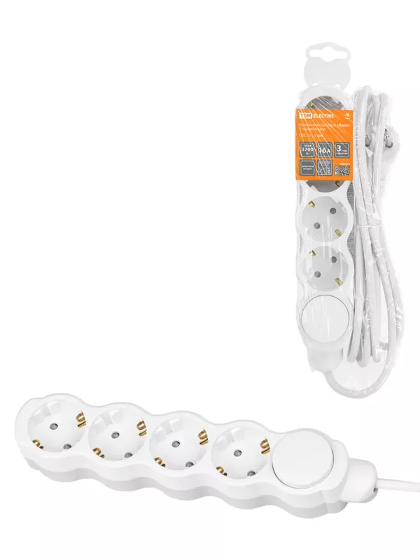 Удлинитель бытовой "Люкс" с выкл., 4 гнезда, 3 м, с/з, с з/ш, ПВС 3х1,5 мм2, 16 А, 250 В, 3700 Вт TDM У1-43222