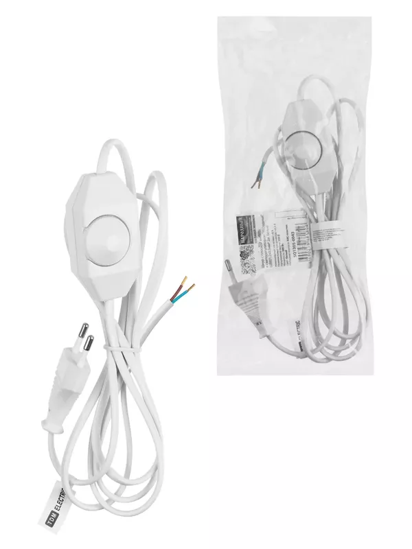 Шнур с плоской вилкой и светорегулятором "Народный" ШВВП 2х0,5 мм2, 2м, белый