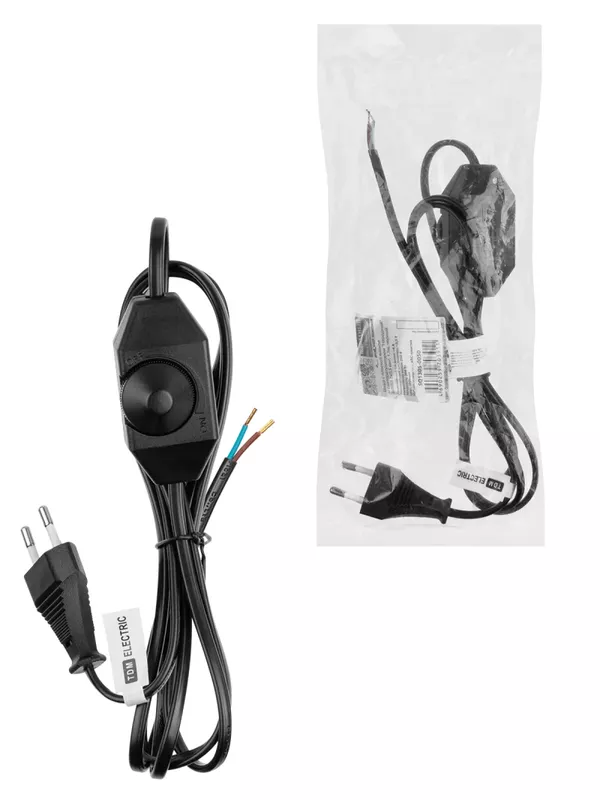 Шнур с плоской вилкой и светорегулятором "Народный" ШВВП 2х0,5 мм2, 1,5м, черный