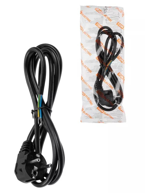 Шнур сетевой с вилкой ПВС-ВП 3x0,75мм² 1,5м с/з черный TDM