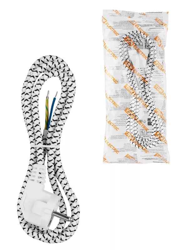 Шнур сетевой с вилкой в тканевой оплетке ПВС-ВП 3x0,75мм2 1,8м, 2400 Вт с/з белый TDM