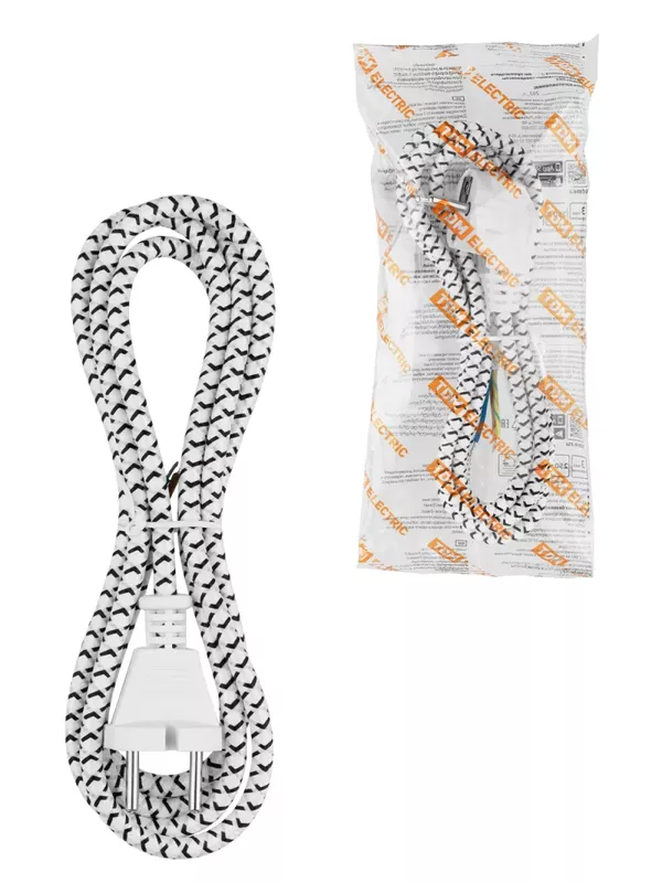 Шнур сетевой с вилкой в тканевой оплетке ПВС-ВП 2x0,75мм2 1,8м, 1400 Вт б/з белый TDM