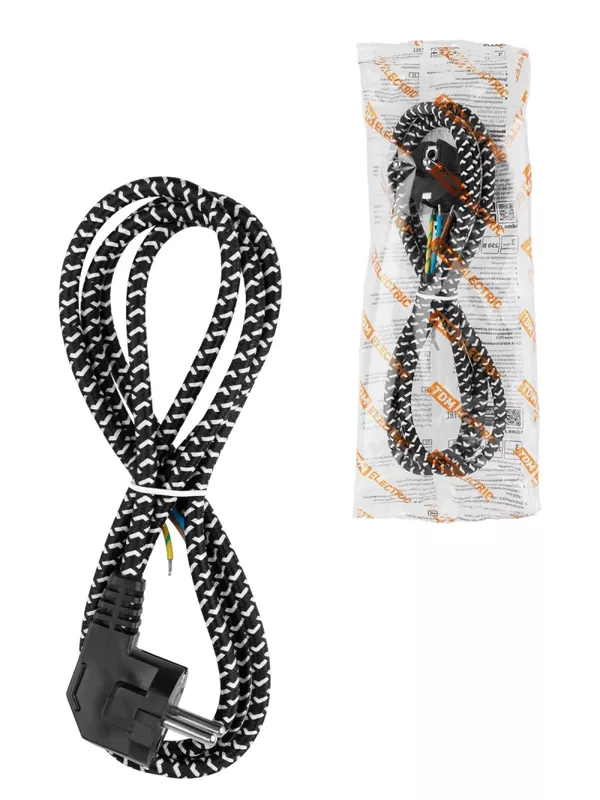 Шнур сетевой с вилкой в тканевой оплетке ПВС-ВП 3x0,75мм2 1,8м, 2400 Вт с/з черный TDM