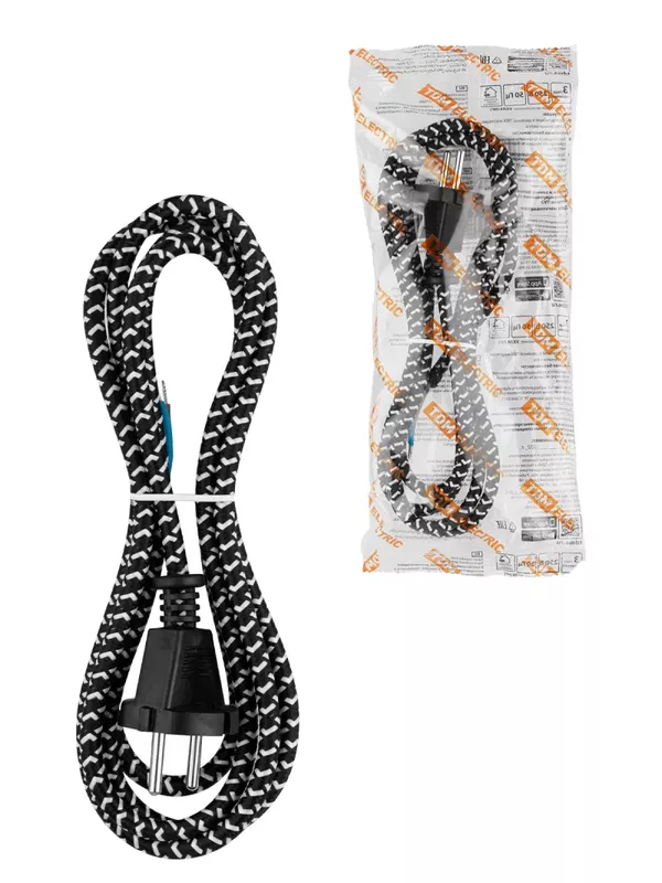 Шнур сетевой с вилкой в тканевой оплетке ПВС-ВП 2x0,75мм2 1,8м, 1400 Вт б/з черный TDM