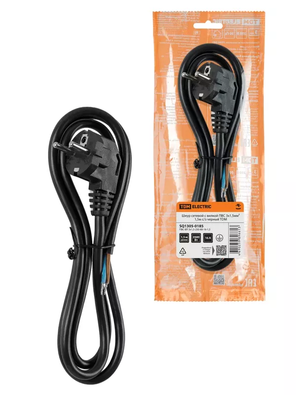 Шнур сетевой с вилкой ПВС-ВП 3x1,5мм² 1,5м с/з черный TDM