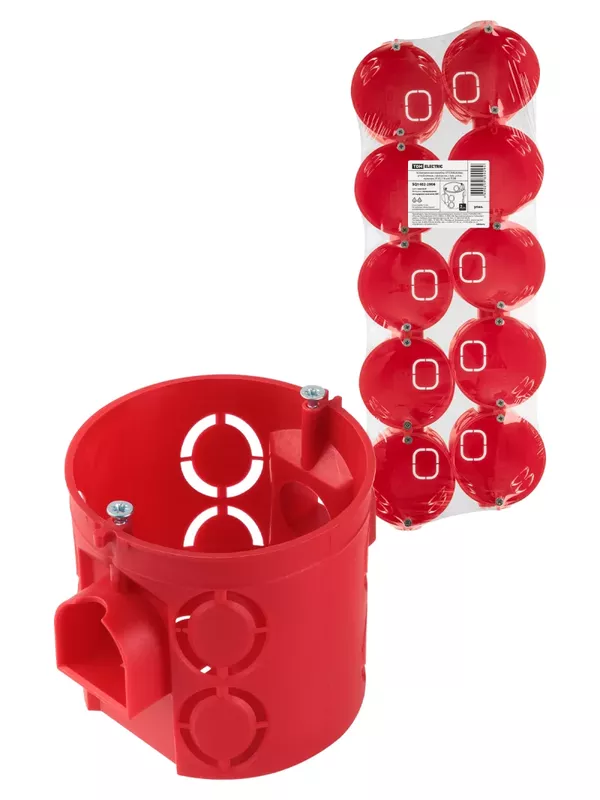 Установочная коробка СП D68х62мм, углубленная, саморезы, стык. узлы, красная, IP20, (10 шт) TDM