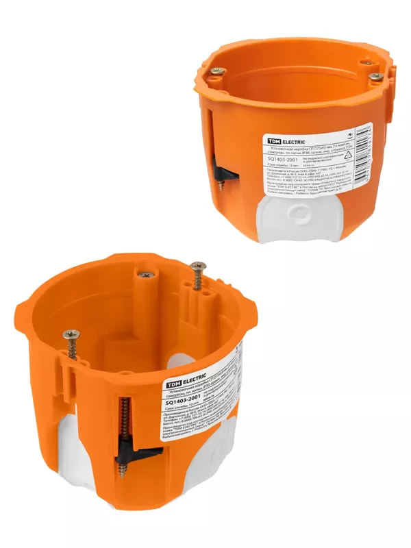 Установочная коробка СП D73х65 мм, 2-х компон., саморезы, пл. лапки, IP30, оранж., инд. штрихкод TDM