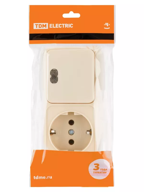 Блок комбинированный выключатель 1-кл. с подсветкой 10А + розетка 2П+З 16А 250В БКВР IP20 сл. кость "Ладога" TDM