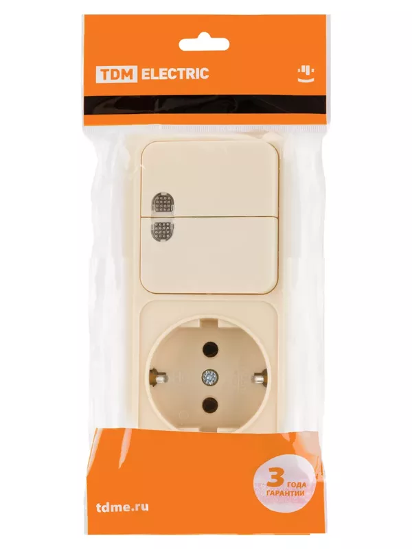 Блок комбинированный выключатель 2-кл. 10А с подсветкой + розетка 2П+З 16А 250В БКВР IP20 сл. кость "Ладога" TDM