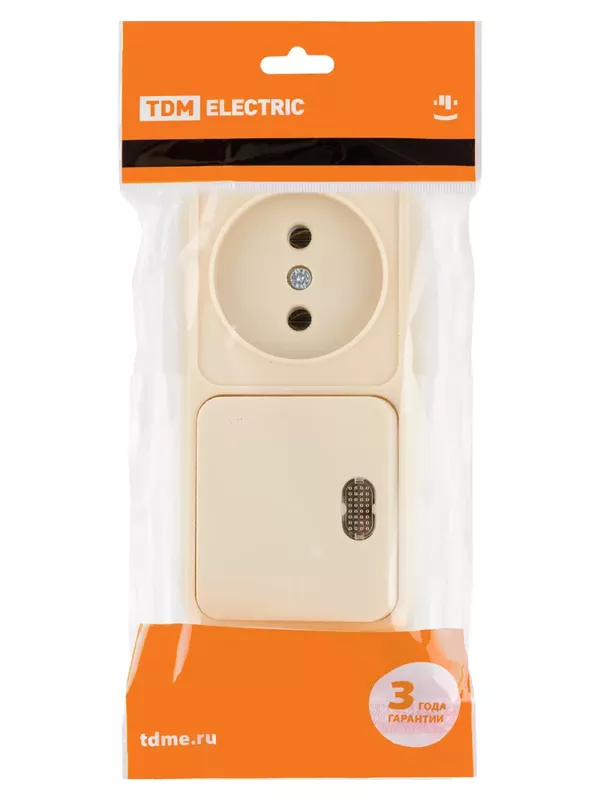 Блок комбинированный выключатель 1-кл. с подсветкой 10А + розетка 2П 10А 250В БКВР IP20 сл. кость "Ладога" TDM