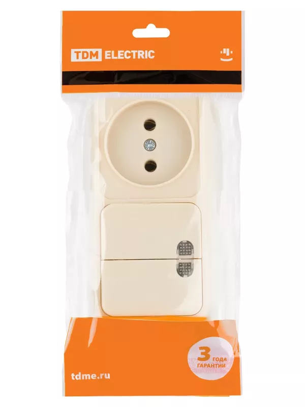 Блок комбинированный выключатель 2-кл. 10А с подсветкой + розетка 2П 10А 250В БКВР IP20 сл. кость "Ладога" TDM