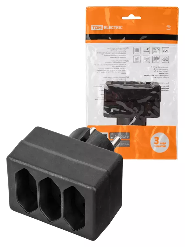 Блок на 3 гнезда 2П 2,5 А 250 B под плоскую вилку черный TDM