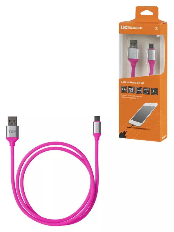 Дата-кабель, ДК 20, USB - USB Type-C, 1 м, силиконовая оплетка, розовый, TDM — изображение 2