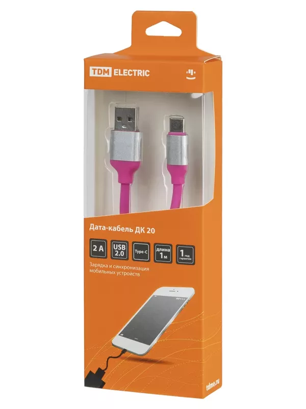 Дата-кабель, ДК 20, USB - USB Type-C, 1 м, силиконовая оплетка, розовый, TDM — изображение 4