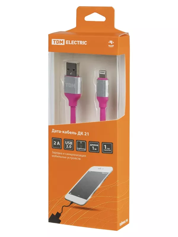 Дата-кабель, ДК 21, USB - Lightning, 1 м, силиконовая оплетка, розовый, TDM — изображение 3