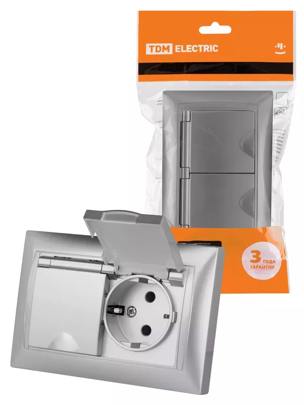 Розетка двойная 2П+З 16А 250В IP44 с защ. шт. с крышкой серебр. металлик "Лама" TDM