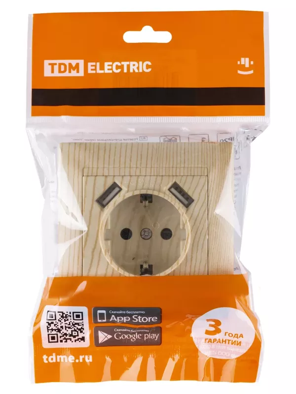 Розетка 2П+З 16А 250В + 2 USB порта 2,1А 5В сосна "Лама" TDM