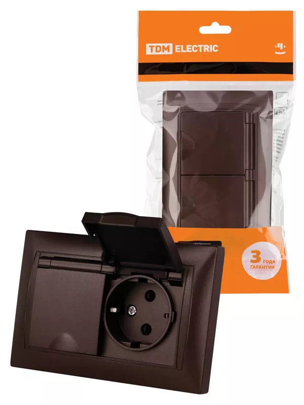 Розетка двойная 2П+З 16А 250В IP44 с защ. шт. с крышкой шоколад "Лама" TDM