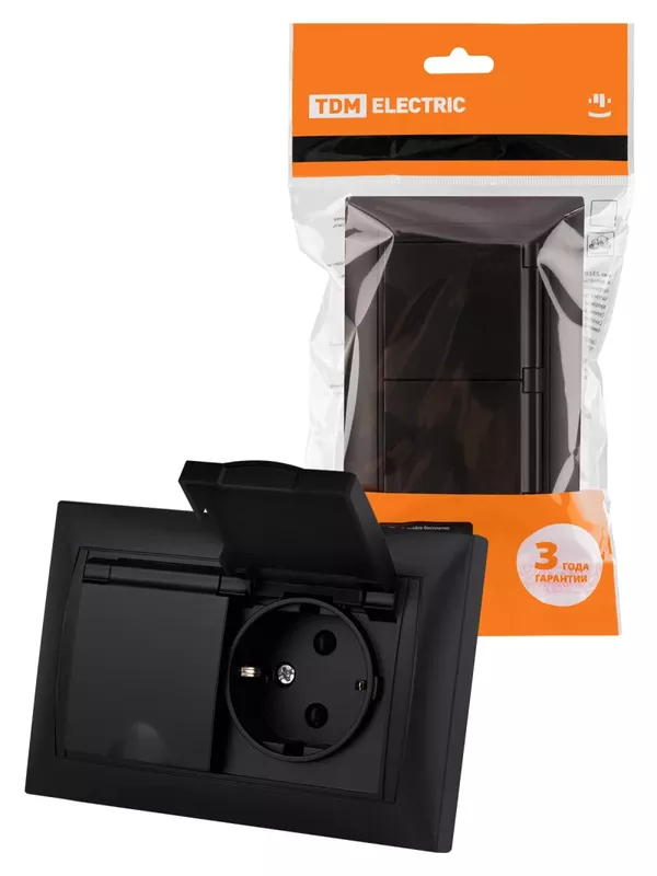 Розетка двойная 2П+З 16А 250В IP44 с защ. шт. с крышкой графит "Лама" TDM