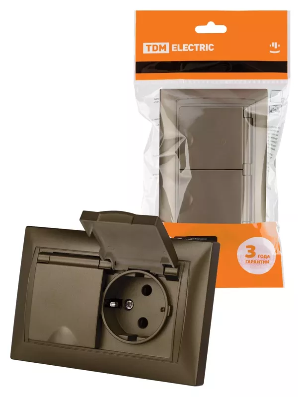 Розетка двойная 2П+З 16А 250В IP44 с защ. шт. с крышкой бронза "Лама" TDM