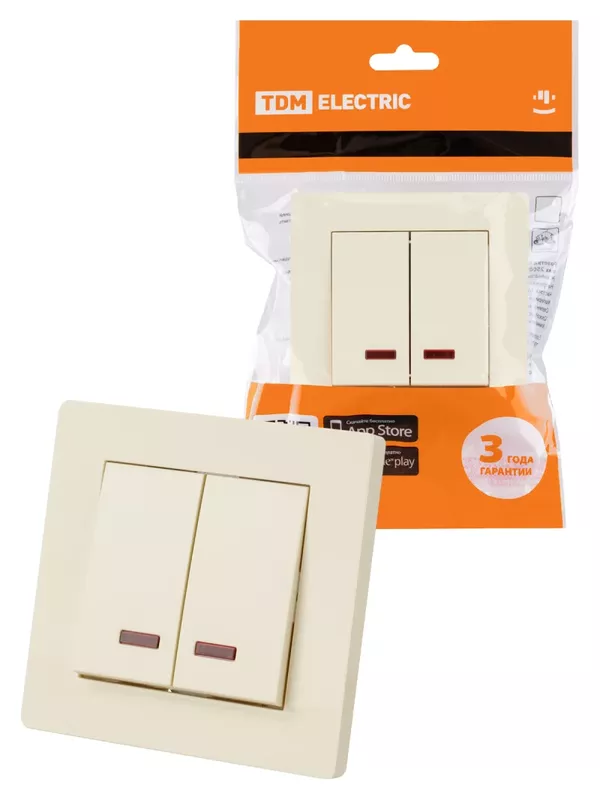 Выключатель 2 кл. с подсветкой 10А сл. кость "Сенеж" TDM